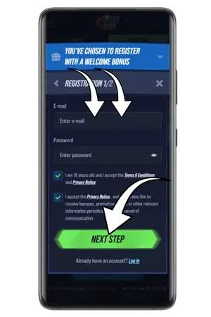 Email and password fields on the first registration step Vegas Hero